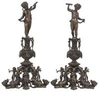 Pr. Figural Bronze Putti Andirons