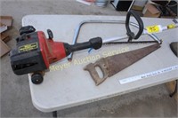 Homlite Weed-eater, hand saw, bow saw