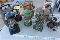 3 vintage fans, 3 lanterns, 1 lantern case, light