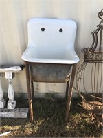 Antique, Cast Iron Farm Sink On Metal Pipe Frame