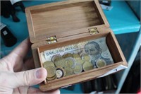 FOREIGN CURRENCY IN CARVED WOODEN BOX