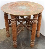 Intricately Carved Wood Table w/ Brass Tray