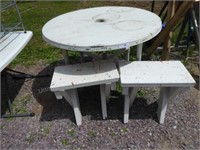 Patio table w/ 2 benches & umbrella base
