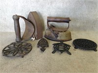 Lot of 2 Antique Irons & 4 Antique Trivets