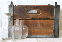 ca. 1949 Wood & Metal Dairy Crate w/ 3 Bottles