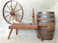 Antique Cask Keg & Vintage Spinning Loom