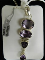 Jewelry Necklace - 4 natural amethysts, SS pendant