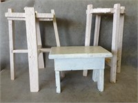 3 pcs. Antique Shabby Plant Stands & Milking Stool