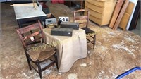 Wicker Bottom Chairs, Table, Horn, Metal Boxes