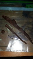 BAG OF ANTIQUES - KNIFE , BUTTON, & 2 NAILS