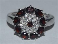 Size 8 Sterling Silver Ring w/ Garnets and White