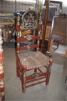 Ornately Painted and Carved Antique Chair w/ Rush