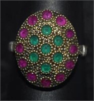 Size 9 Sterling Silver Ring w/ Red Stones, Green