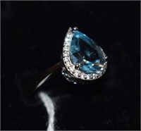 Sterling Silver Ring w/ Blue Topaz & White Stones