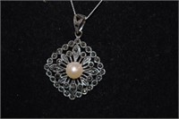 Sterling Silver Pendant w/ Pearl and Marcasite