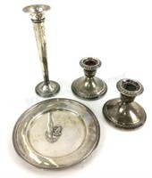 Sterling Silver Dish, Candlesticks, Vase