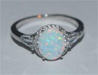 Size 10 Sterling Silver Ring w/ Opal and White