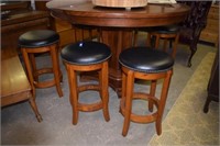 Set of Six Round Wooden Barstools w/ Stud Trim