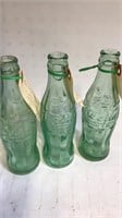 3 Green Raised Glass Coca-Cola 6oz Bottles -D-1055