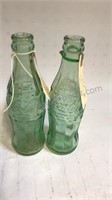 2 Green Raised Glass Coca-Cola 6 1/2 oz Bottles