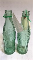 2 Green Raised Glass Coca-Cola 6 1/2 oz Bottles