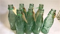 8  Green Raised Glass Coca-Cola 6 1/2 oz Bottles