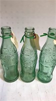 3  Green Raised Glass Coca-Cola 6 1/2 oz Bottles