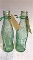 2 Green Raised Glass Coca-Cola 6oz Bottles -D-1055