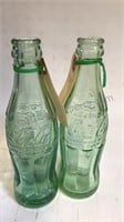 2 Green Raised Glass Coca-Cola 6oz Bottles -D-1055