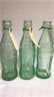 3 Green Raised Glass Coca-Cola 6oz Bottles -D-1055