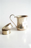 Sterling silver christening mug & 2 napkin rings,