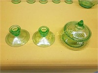 Green depression-2 candleholders, 5 in dish