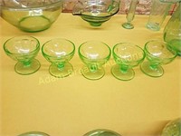 5 vintage green depression dessert glasses