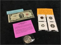 $2 Note, Proof Set of Coins and Eisenhower Dollar
