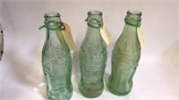 3 Green Raised Glass Coca-Cola Bottle - 6oz -Empty
