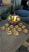CARNIVAL GLASS PUNCH BOWL WITH 12 CUPS