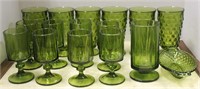 GREEN GLASS FOOTED DRINKWARE &