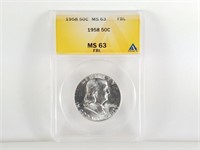 1958 MS63 FBL GRADED ANACS FRANKLIN SILVER HALF