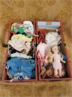 LARGE LOT OF VTG DOLL CLOTHES W DOLL AND CASE