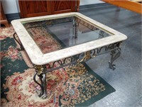 MARBLE VENEER IRON BASE GLASS TOP COFFEE TABLE