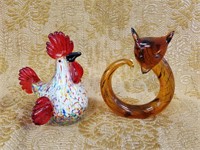 2PC ROOSTER & FOX MURANO ART GLASS STYLE SCULPTURE