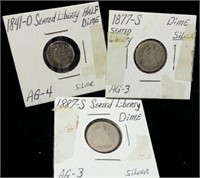(3) SEATED LIBERTY SILVER COINS (1) 1841-1/2DIME