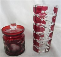 Cranberry Flash Crystal Vase & Ruby Jam Pot