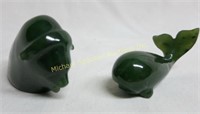 TWO GREEN JADE CARVED WHALE AND OX FIGURINES