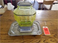 Vaseline Glass Decanter on Silver Tray