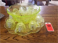 Vaseline Glass Punchbowl, Cups (8) & Platter