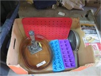 BOX WITH GLASS DISH, ICE TRAYS, PAN AND STRAINER