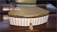 WICKER AND FABRIC SEWING BOX WITH SEWING SUPPLIES