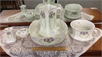 VINTAGE 5 PIECE WASHSTAND SET; SMALL CHIP ON SOAP