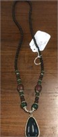 BEADED NECKLACE WITH BLACK STONE & (3) BEADED